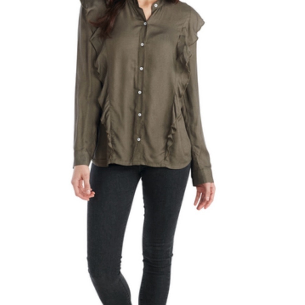 NWT Mud Pie Women's Green Chambray Adley Button Down Shirt Ruffle Size Small